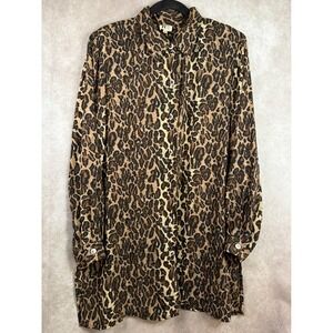 VTG 90s FTLTD Button Down Women 16 Brown Leopard Print Long Sleeve Tunic Blouse